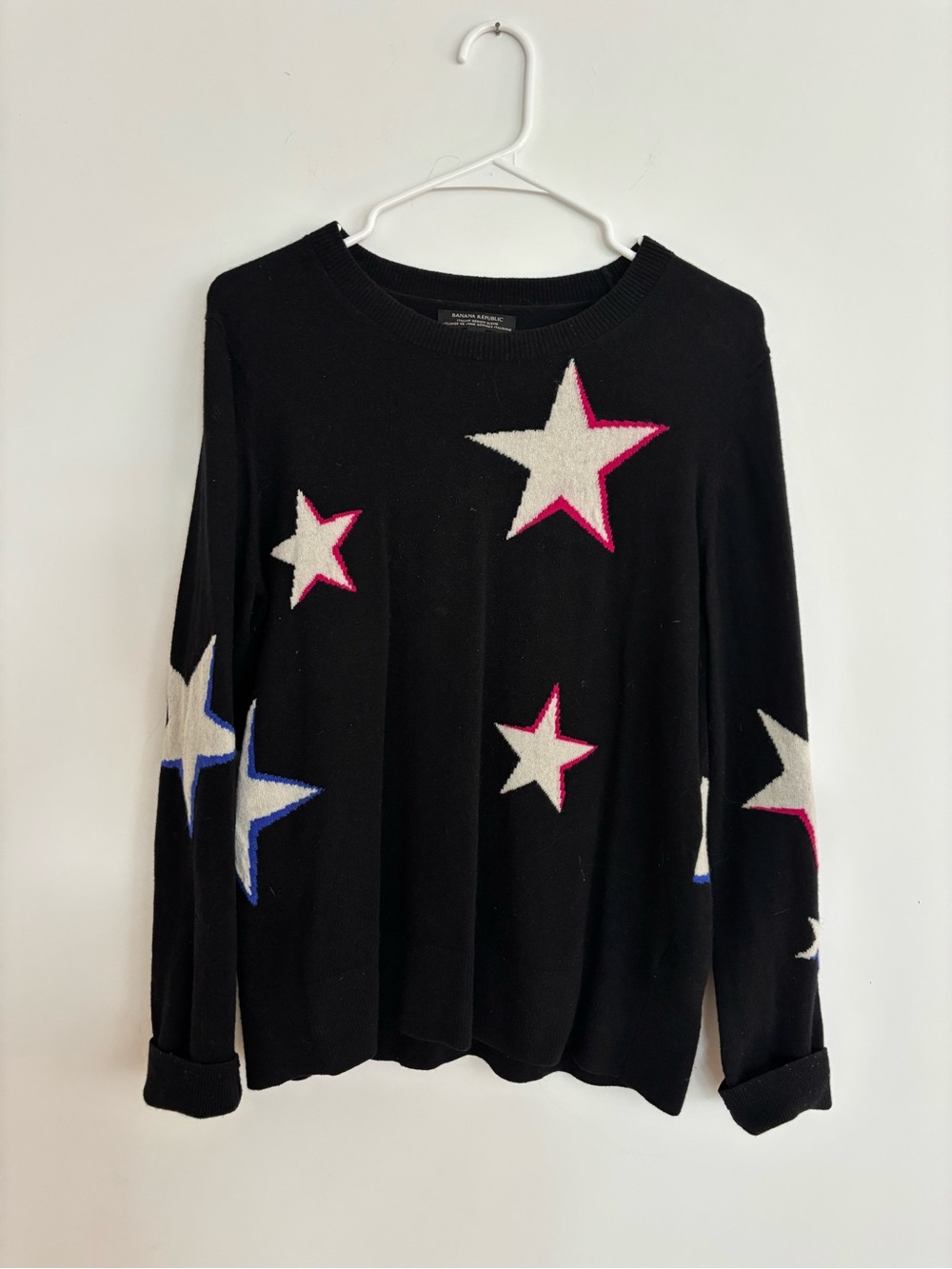 Banana Republic Black Crewneck Sweater with White Stars and Pink & Blue Accents
